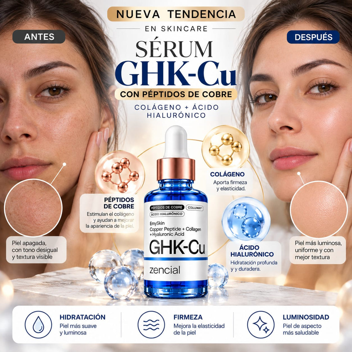GHK-Cu Péptido de Cobre | Sérum Facial con Colágeno + Ácido Hialurónico