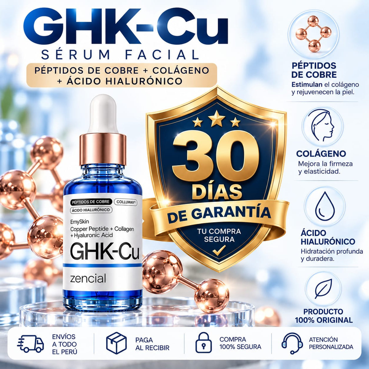 GHK-Cu Péptido de Cobre | Sérum Facial con Colágeno + Ácido Hialurónico