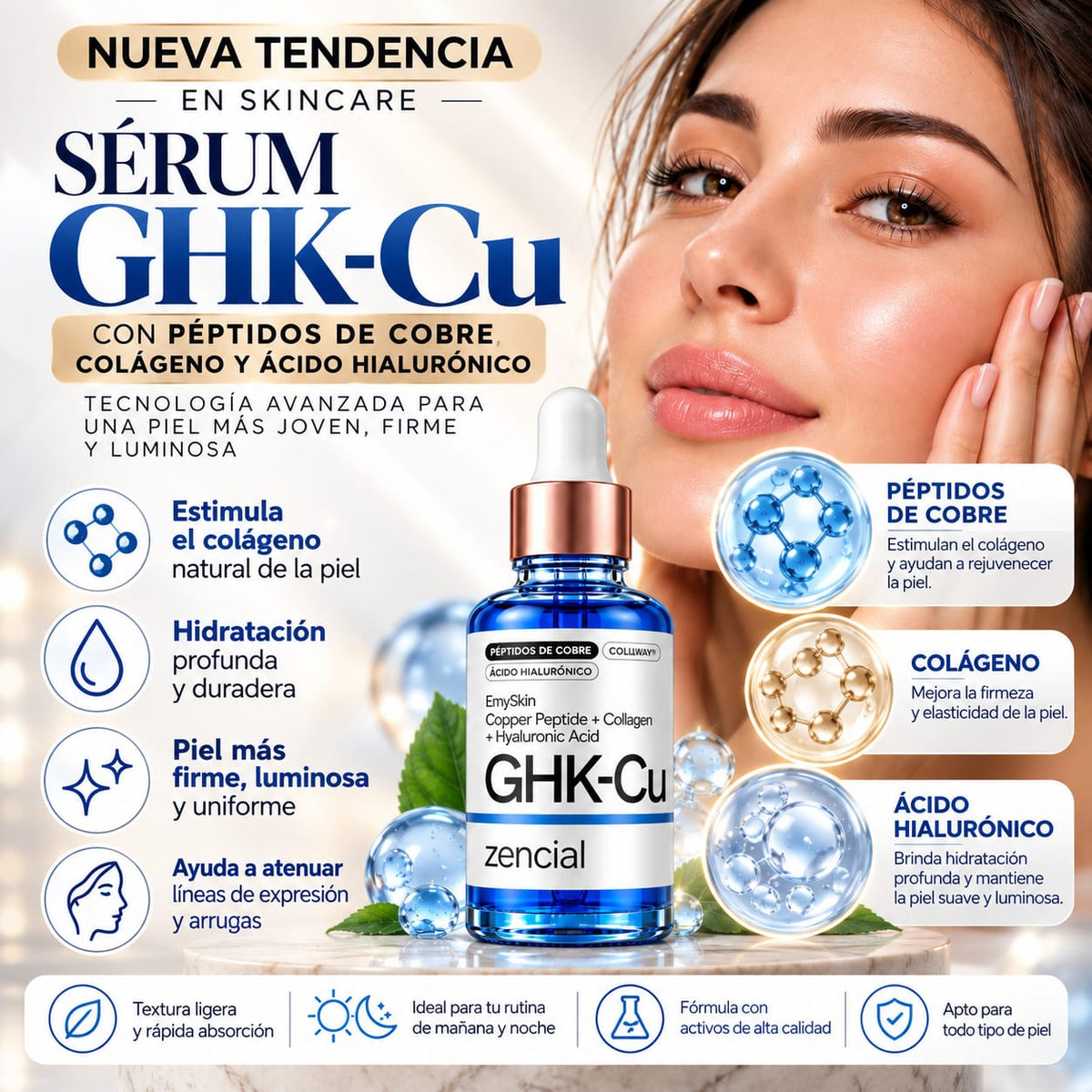 GHK-Cu Péptido de Cobre | Sérum Facial con Colágeno + Ácido Hialurónico